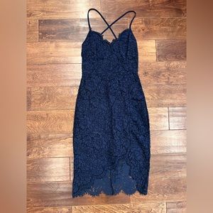 Blue Asymmetrical Lace Midi Dress